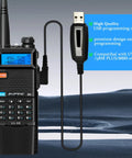 Dual Band 8W Ham Radio Handheld with 3800mAh Battery showing USB programming cable