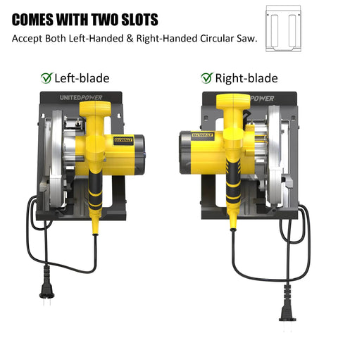 Premium Circular Saw Holder Wall Mount Organizer for Workshop Garage Shed displaying left and right blade compatibility