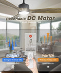 52 Inch Wood Ceiling Fan With Lights And Remote 120V DC Motor in living room, reversible function for summer and winter use, with remote.