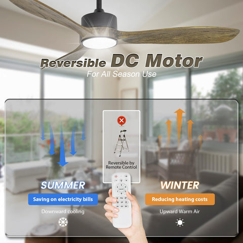 52 Inch Wood Ceiling Fan With Lights And Remote 120V DC Motor in living room, reversible function for summer and winter use, with remote.