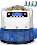 Ponnor Automatic Coin Counter Machine Sorter And Wrapper With Fast 300 Coins Per Minute Speed displaying coins with a digital total and sorting bins.