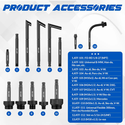 13 ATF adapters for 3L Transmission Fluid Transfer Pump Kit With 13 ATF Adapters, Pro Grade Air Powered Fluid Transfer Tool