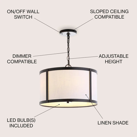 Oil Rubbed Bronze LED Pendant Light For Kitchen Island With White Linen Drum Shade Modern Transitional Ceiling Fixture