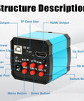 Heavy Duty 37MP 1080P Industrial C Mount Microscope Camera with USB, HDMI, and control buttons, blue casing for PCB inspections.