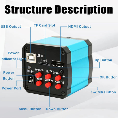 Heavy Duty 37MP 1080P Industrial C Mount Microscope Camera with USB, HDMI, and control buttons, blue casing for PCB inspections.