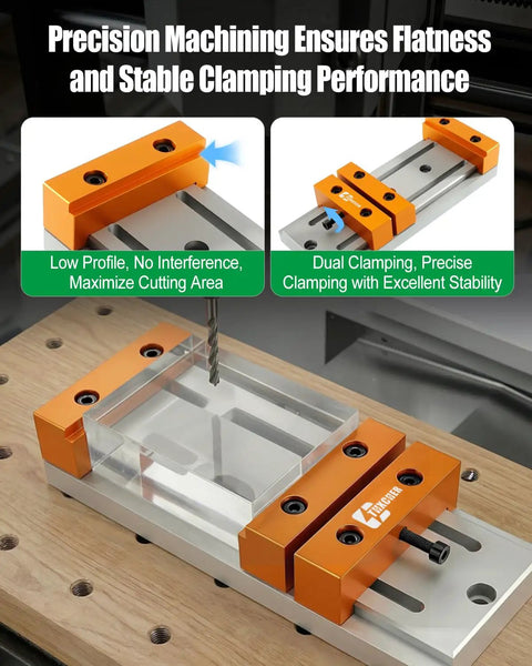 Low Profile Mini Vise Clamp For CNC Router Machines, Beefy Aluminum, Precision CNC Machined For Flat Surfaces, Ultra Slim Design Keeps Toolpaths Clear And Grips Solid On Milling Projects, clamping workpiece on CNC router
