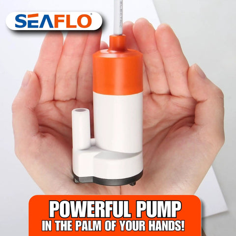 Hands holding a compact 12V 4 GPM Submersible Water Transfer Pump For Intermittent Duty In Stainless Steel Construction