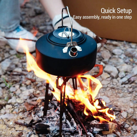 Ultra Lightweight Portable Campfire Tripod For Outdoor Cooking with kettle over flames, detachable stainless steel gear
