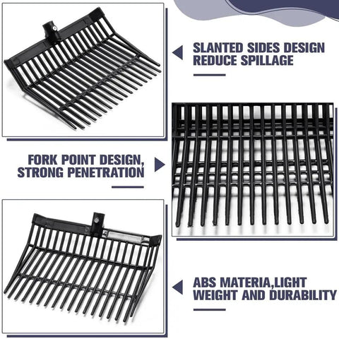 Beefy Pair Heavy Duty Horse Manure Fork Heads For 1 Inch Handles with slanted sides, strong fork points, and ABS material details