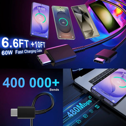 25W USB C Fast Charger Cable Kit With 10Ft And 6.6Ft C To C Cables And Included USB C Wall Block Hella Fast Charging For Android Phones And Galaxy S Series PD 3.0 PPS QC4.0 Works With S21 S22 S23 S24 S25 S26 Note Series shown with devices and laptop connection.