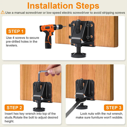 Installation steps for Heavy Duty Leveling Feet And Adjustable Furniture Legs with hex key, showing tools and furniture setup.