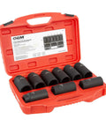 Open case of Deluxe 6 Pt Axle Nut Socket Set 9 Piece With Beefy Chrome Moly Sockets Impact Rated Black Oxide Finish Rust Resistant