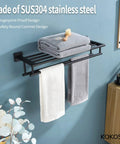 Matte Black Bath Towel Rack With Double Towel Bars 24 Inch Wall Mounted Stainless Steel Shelf shown with towels