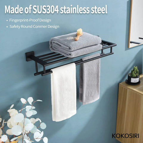 Matte Black Bath Towel Rack With Double Towel Bars 24 Inch Wall Mounted Stainless Steel Shelf shown with towels