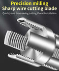 Close-up of Dual Function PVC Pipe Threading Tool For Internal And External Threads With One Half Inch And Three Quarter Inch Dies Electric Drill Compatible For Home Repair DIY Ready Heavy Duty Alloy Steel Construction 2 Pack, showing precision milling and sharp wire cutting blade.