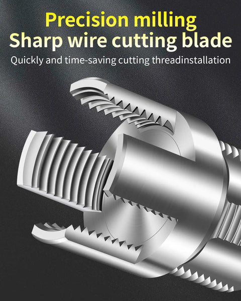 Close-up of Dual Function PVC Pipe Threading Tool For Internal And External Threads With One Half Inch And Three Quarter Inch Dies Electric Drill Compatible For Home Repair DIY Ready Heavy Duty Alloy Steel Construction 2 Pack, showing precision milling and sharp wire cutting blade.