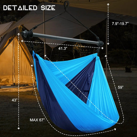 Ultra Portable Hammock Chair For Indoor And Outdoor Use Great For Chill Time Go Anywhere Hanging Swing Made From Lightweight Nylon Parachute Collapsible Seat Supports Up To 500 Lbs Ideal For Backpacking Travel Camping Backyard Patio Hiking Navy Blue shown with detailed dimensions in outdoor setting.