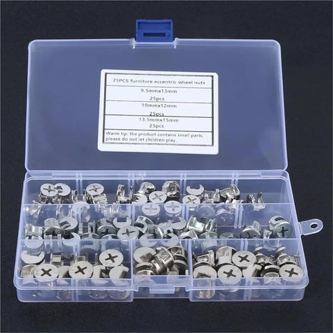 Rock Solid Cam Locks For Furniture Kit With Zinc Alloy Construction 75 pcs shown in storage box