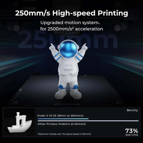 Ender 3 V3 SE 3D Printer with Sprite Direct Extruder showcasing high-speed printing at 250mm/s featuring a small astronaut model.