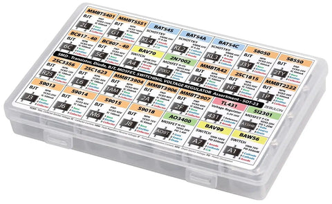 SOT-23 Component Kit With 1400 Pieces, 28 Types Including BJT PNP NPN MOSFET Schottky And Switching Diodes, labeled box