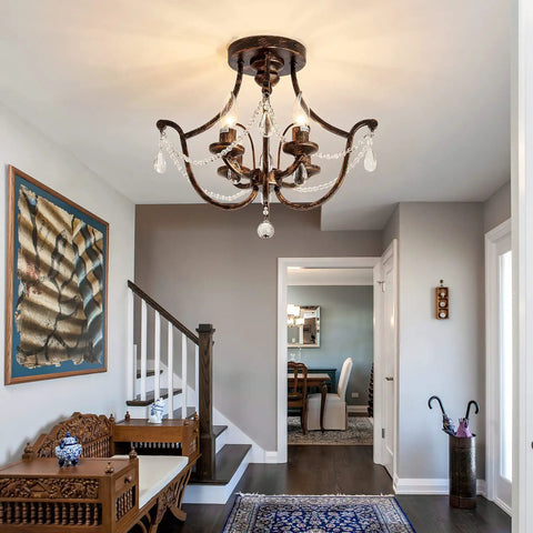 Oil Rubbed Bronze Crystal Chandelier Vintage Semi Flush Mount 4 Light Small Metal Ceiling Fixture Farmhouse Style