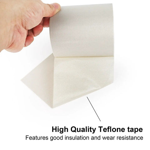 Person holding Heavy Duty High Temp PTFE Glass Cloth Tape 6 Inch By 33 Feet, showing white fiberglass adhesive surface