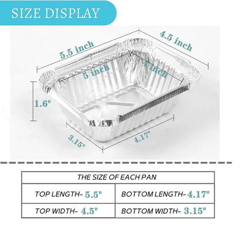 40 Pack 5x4 Inch Disposable Aluminum Foil Pans With Cardboard Lids for cooking shown with size dimensions