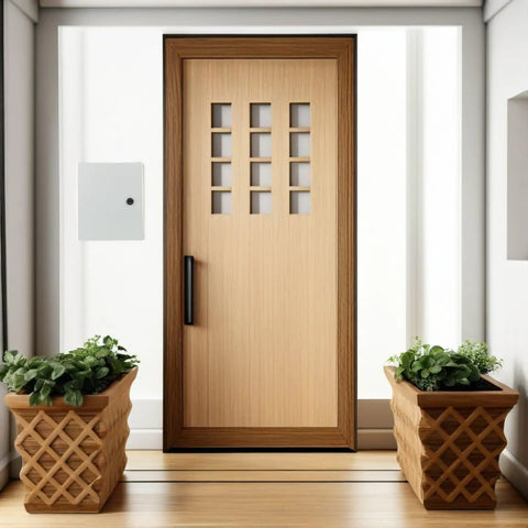Outdoor Metal Electrical Enclosure Box Weatherproof Junction Box with Safety Lock beside a modern door.