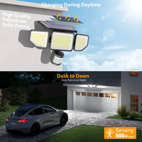 High Power Three Head Outdoor Solar Lights With Remote And Motion Sensor IP65 Weatherproof Flood Lamps For Driveway And Yard Full Blast Brightness To Light Up The Block Rock Solid Build 2 Pack Option