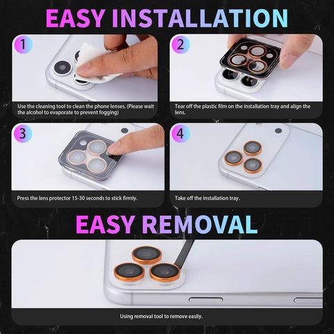 Installation guide for Camera Lens Protector For iPhone 17 Pro And 17 Pro Max with easy install tray and diamond pink finish.
