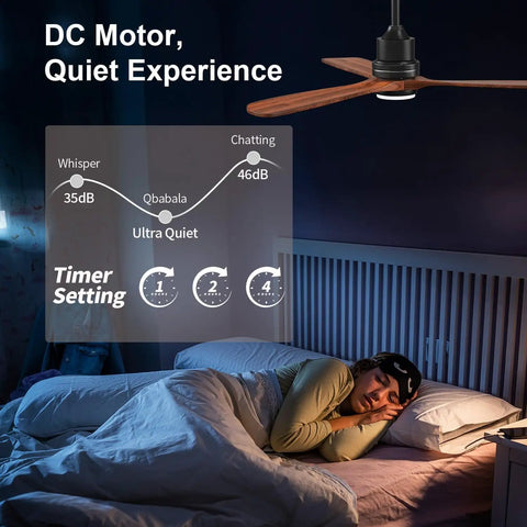 52 Inch Mainstay Ceiling Fan With Bright Led Glow And Zero Buzz Wireless Remote For Indoors Outdoors Solid Walnut Wood Design Silent DC Motor in bedroom.