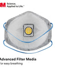 Front view of P95 NIOSH Approved Particulate Respirator With Nuisance Organic Vapor Relief Exhalation Valve, blue straps visible.