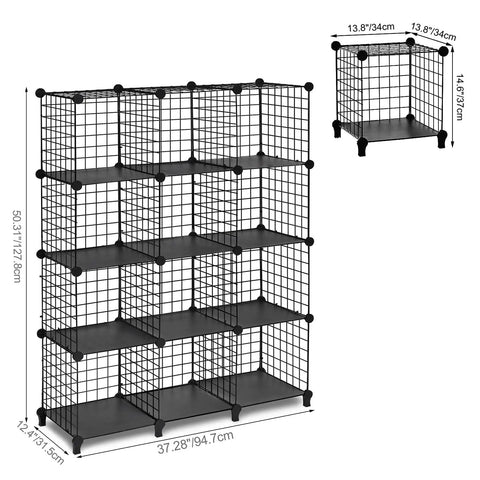 12 Cube Metal Wire Storage Organizer with Stackable Grid Shelves Dope Modern Industrial C Grid Panels in black, dimensions shown