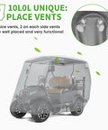 Heavy Duty Golf Cart Cover displaying 4 vents, universal fit for EZGO Club Car Yamaha; weatherproof shield for sun, rain, and snow.