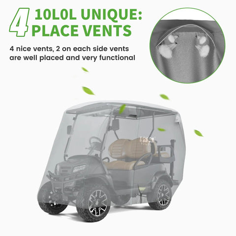 Heavy Duty Golf Cart Cover displaying 4 vents, universal fit for EZGO Club Car Yamaha; weatherproof shield for sun, rain, and snow.
