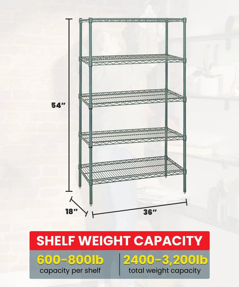 Kickass Heavy Duty 4 Shelf Wire Shelving Unit With Tough As Nails Green Epoxy Finish Nsf Certified Adjustable Storage Rack For Garage Warehouse And Workshop 36 By 18 By 54 Inches Handles Up To 800 Lbs Per Shelf
