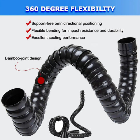 Flexible Air Extractor Hose With Hood 20cm Diameter 9 8ft Length Black Suction Pipe Perfect For Laser Engraving Soldering Welding Fume Extraction Lab Use High Resistant Rock Solid Construction Delivers Sick Work And Clean Air. Black 20cm POM hose shown bent for 360-degree flexibility