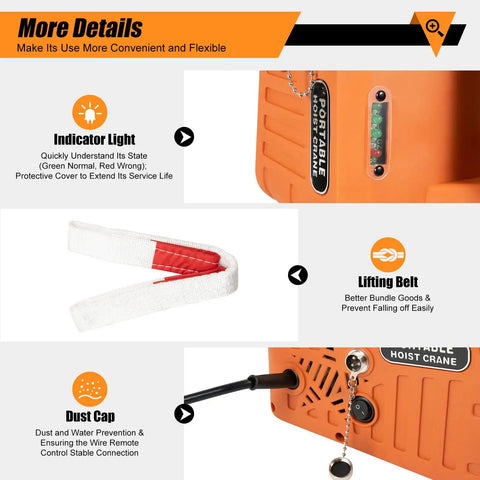 Heavy Duty 440 Lbs Portable Electric Hoist Winch With 110V Wireless Remote Control and Manual Lever Operation indicator light and lifting belt features.