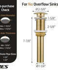 Brushed gold pop up sink drain stopper for no overflow sinks, all metal brass, fits sink hole diameter 1-10/16 to 1-15/16 inches