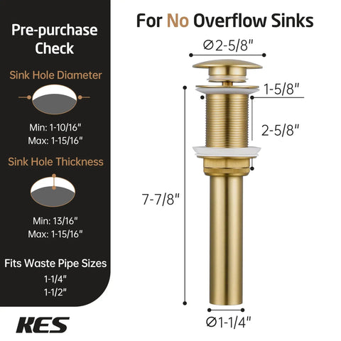 Brushed gold pop up sink drain stopper for no overflow sinks, all metal brass, fits sink hole diameter 1-10/16 to 1-15/16 inches