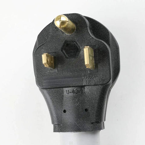 Close-up of 6-50P To 14-50R EV Charger Adapter Cord connector showing 3 prong plug with heavy duty pure copper brass pins.
