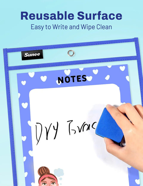 30 Pack Oversized Reusable Dry Erase Pocket Sleeves With 2 Rings 10 Assorted Colors in use, hand erasing writing on surface