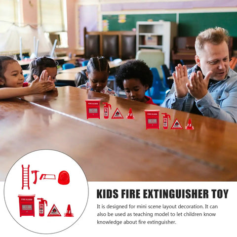 Children learning with Mini Firefighter Pretend Play Kit with Four Toy Fire Extinguishers and a Ladder in a classroom.