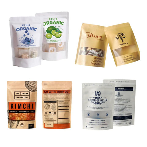 Assorted custom print kraft paper bags with window stand up zipper lock pouch for snacks, tea, coffee reusable packaging displayed