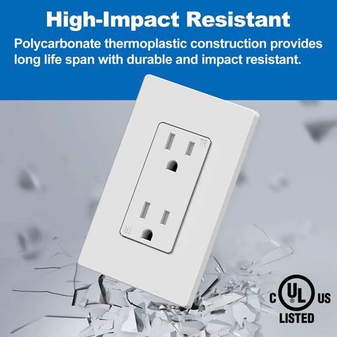 30 Pack 15 Amp Decorator Wall Outlet Receptacle With Screwless Wall Plate, UL Listed, White, impact resistant design shown