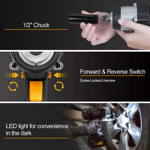 20V Cordless Impact Wrench With Half Inch Chuck 450 Newton Meters Max Torque 4.0Ah Lithium Battery showing features