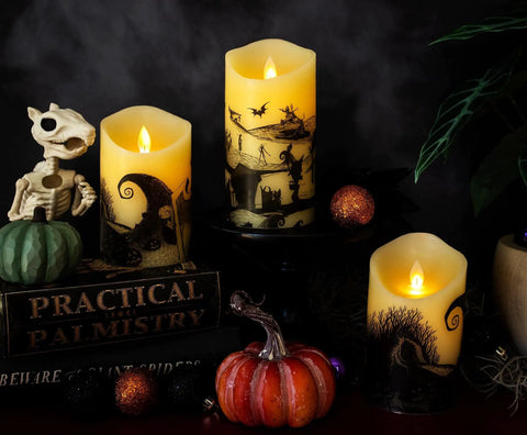 Nightmare Before Christmas LED Flickering Flameless Candles Set Of 3 With Auto Timers For Totally Spooky Halloween Decor on mantel