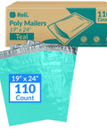 Teal Poly Mailers 19x24 Inch 110 Pack Non Padded Self Sealing Shipping Bags For Clothing with box and mailers displayed
