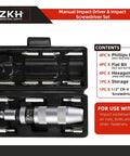 Half Inch CR-V Hand Impact Screwdriver With Reversible Manual Drive, Includes 12 Piece Slotted Phillips Hex Bit Set, open case view