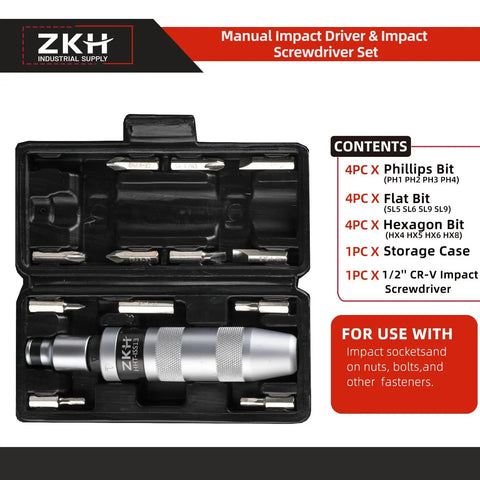 Half Inch CR-V Hand Impact Screwdriver With Reversible Manual Drive, Includes 12 Piece Slotted Phillips Hex Bit Set, open case view